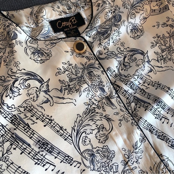 VINTAGE blush black pure silk,cherubs angel musical print long sleeve blouse 12 - Picture 10 of 11